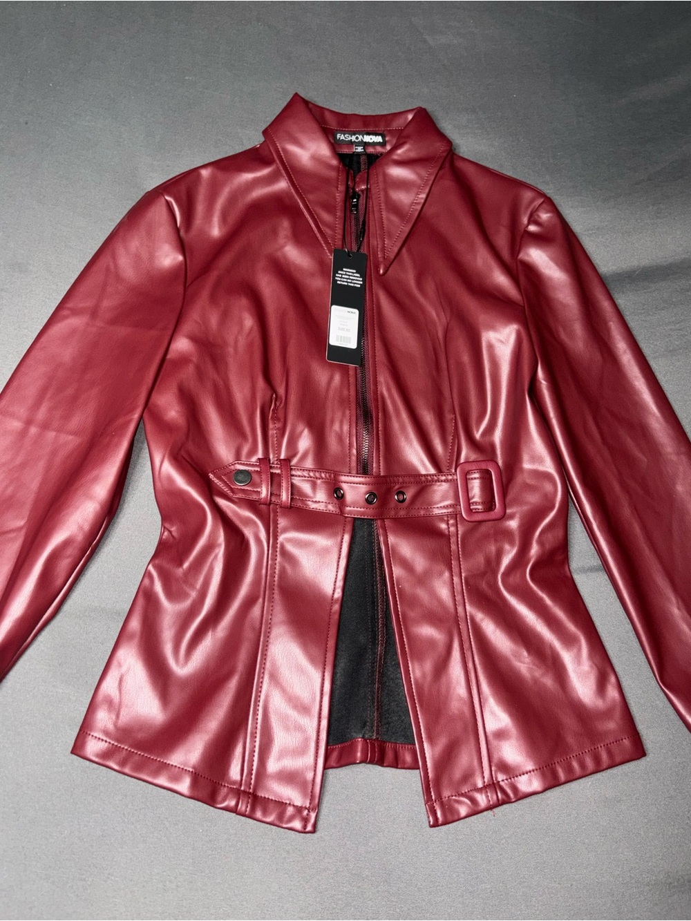 Fashion Nova Burgundy Faux Leather Belted Jacket